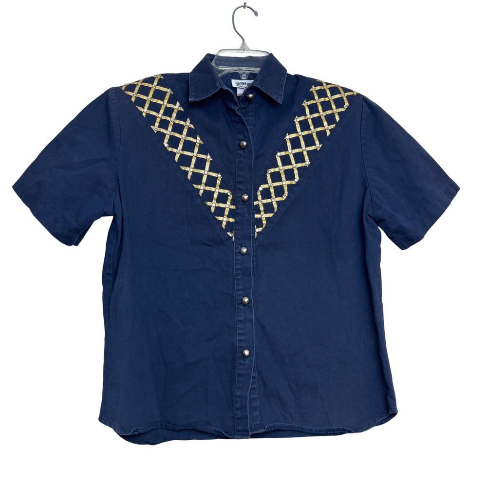 Vintage‎ 80s Glam Button Up Shirt Womens L Navy Blue Gold Rhinestone Rockabilly